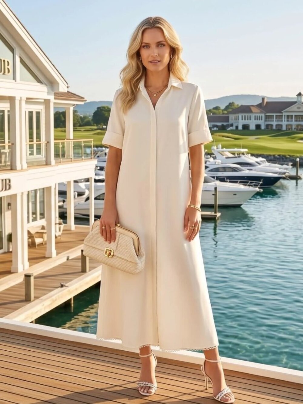 PERLAVERA GIGI CREAM SOLID COTTON TWILL SPANDEX MAXI DRESS